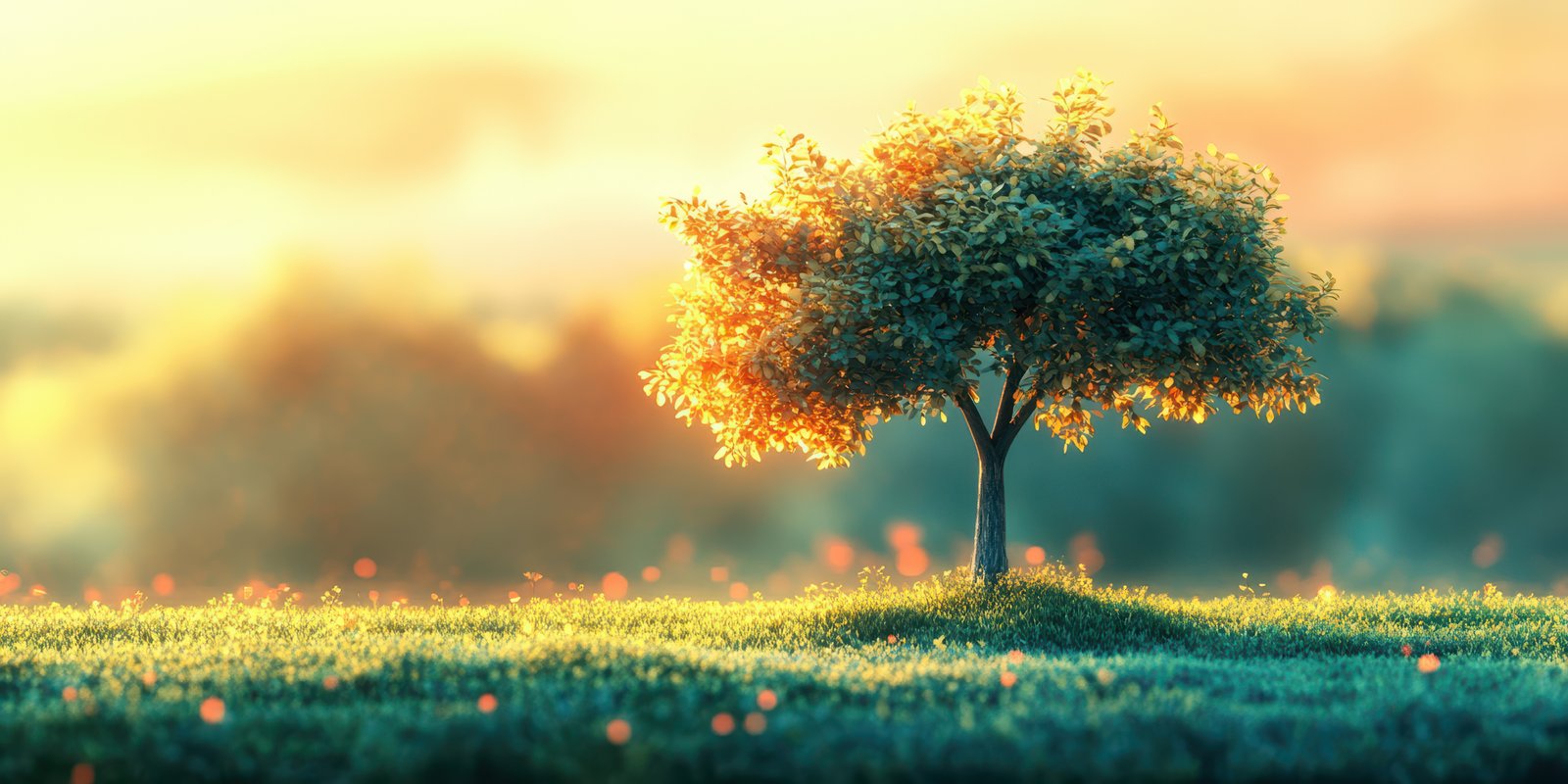 Visual serenity of a solitary tree bathed in golden sunlight during the early morning hours